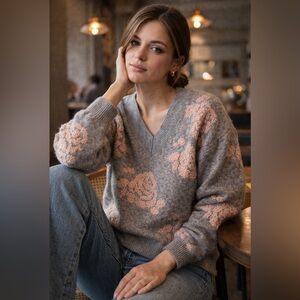 SHEIN Gray and Pink Floral V-Neck Sweater